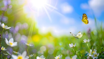 Art Beautiful blurred spring background nature with blooming glade, butterfly and blue sky on a sunny day
