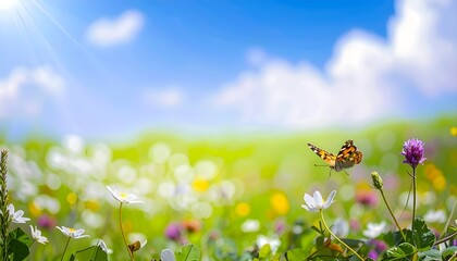 Art Beautiful blurred spring background nature with blooming glade, butterfly and blue sky on a sunny day
