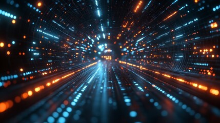 Obraz premium Abstract, glowing, digital tunnel with vibrant blue and orange points of light