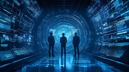 Envisioning Tomorrow Three figures stand at the portal to a digital future ready to innovate in a tech filled corridor