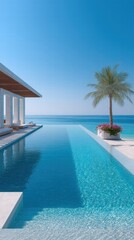Beach resorts oceanfront spa concept. Modern villa overlooking a serene pool and ocean under a clear blue sky with palm trees.