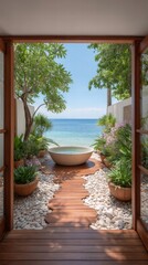 Beach resorts oceanfront spa concept. Serene view of a tropical landscape through a wooden doorway, featuring plants and a tranquil water basin.