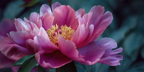 Close-up of Pink Peony Flower Petals with Yellow Stamens on Dark Background