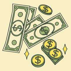 Retro Money Vibes – Halftone Collage Cut-Outs Pack .coins, with vintage dotted texture and doodles. Modern retro mixed media vector illustration