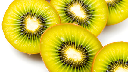 Kiwi Slices: Captivating close-up of meticulously sliced kiwis, their vibrant green flesh, adorned with glistening droplets, showcases the refreshing appeal and natural beauty of this exotic fruit. 