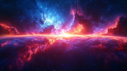 Fototapeta premium Cosmic expanse A luminous horizon between vibrant nebulae of red and blue amidst starry depths