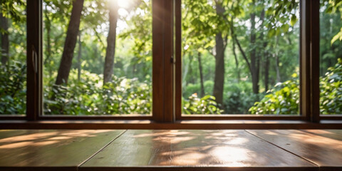 Fototapeta premium Sunny forest view from wooden windowsill table