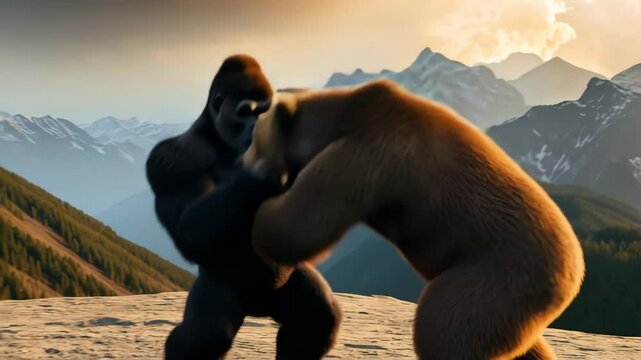Gorilla and bear face off in a dramatic showdown against a mountainous backdrop at sunset