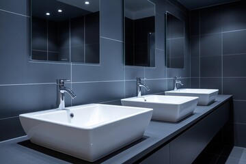 Fototapeta premium A bathroom with three sinks and three mirrors