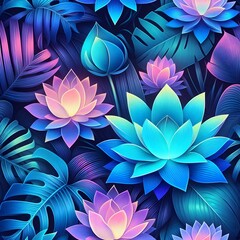 Neon Lotus Flowers and Tropical Leaves on Dark Background