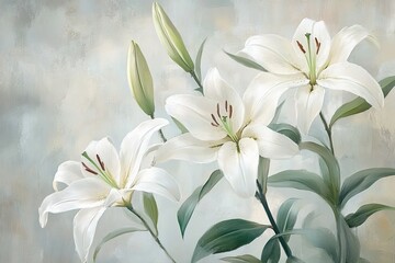Delicate white lilies in soft pastel tones