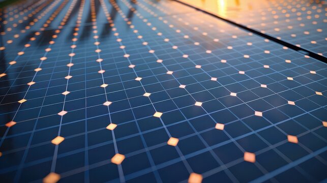 A close up view of a solar panel array showing the grid pattern and individual cells reflecting light