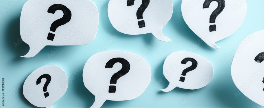 Poster the collection of question marks in speech bubbles on a blue background.