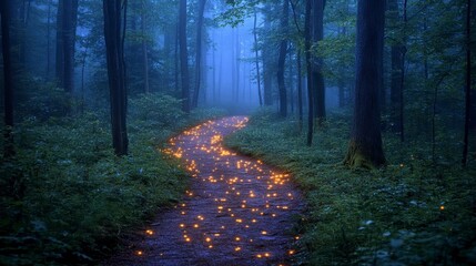 Obraz premium Forest path with glowing lights, trees, and fog creates an enchanting atmosphere
