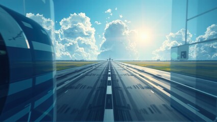 A reflective glass surface of a building mirrors a runway extending into the distance under a bright sky with scattered clouds. Generative, AI,