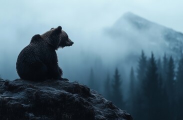 A bear is standing in a field of grass with mountains in the background