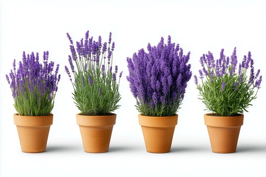 Collection of lavender bushes with flowers in four terracotta pots
