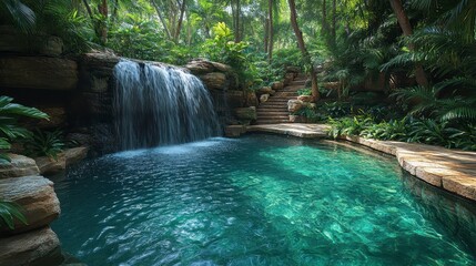 Waterfall flows into pool surrounded by lush greenery, stone steps near