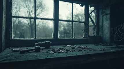 Naklejka premium Aged window overlooking wintery landscape