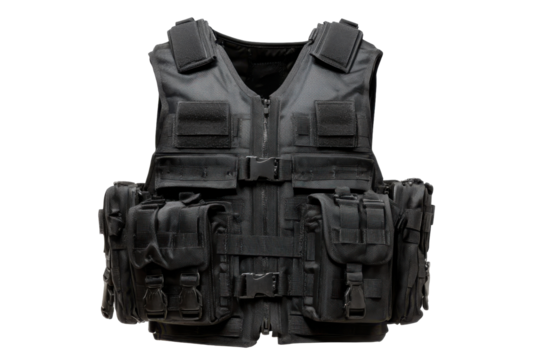 Black tactical vest isolated on transparent PNG background
