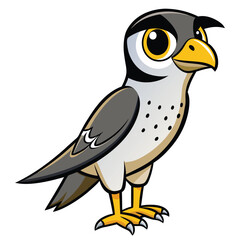 Cartoon falcon is standing, featuring gray plumage, yellow beak, and cartoonish big eyes