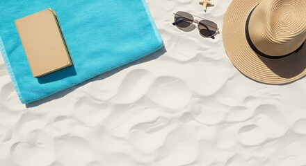 Summer Beach Essentials: Flat Lay of Towel, Hat, Book, and Sunglasses on Sand