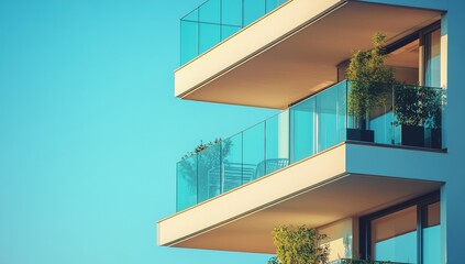 Fototapeta premium A tall building with a balcony and a view of the sky