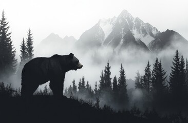 A bear stands in a forest with a mountain in the background