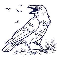 Line art crow with open beak stands amid grass as birds fly above