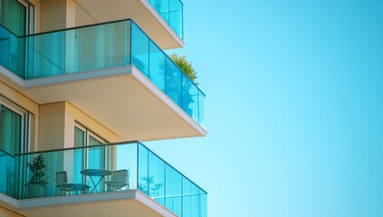 Obraz premium A tall building with a balcony and a view of the sky