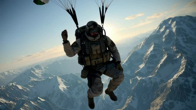 Military parachutist descends over snow-capped mountains during daylight in a breathtaking mountain landscape