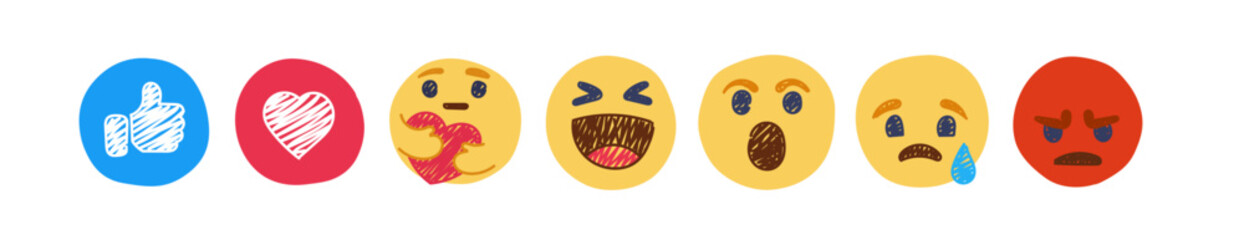 Doodle Emoji color icon set. Emoji sketch style. Emoji with different emotion mood, happy, smile face. Hand drawn vector line emoticons