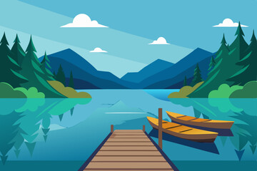 a quiet dock on a still lake with canoes tied up  .svg