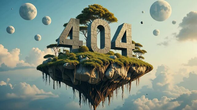 Floating island with 404 sign and trees above blue sky and clouds, surreal digital failure scene. Concept of online error