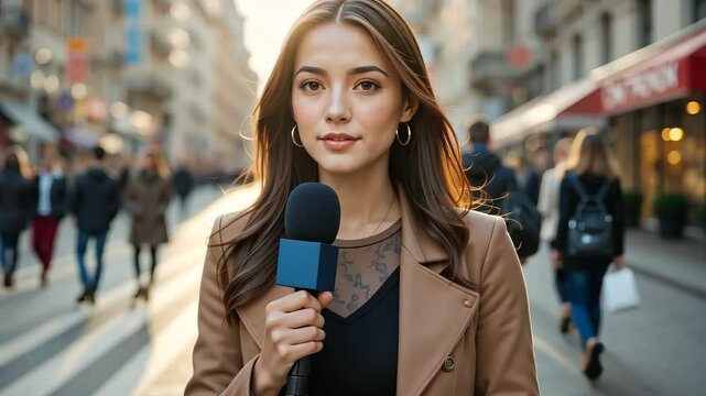 Young caucasian female reporter in brown coat holding mic smiles on busy urban street with people in background. Concept of live urban journalism