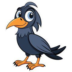 A cartoonish dark raven stands upright with a friendly smile, showcasing its detailed avian features