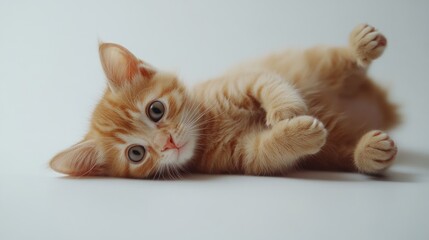 Ginger kitten lying on white background