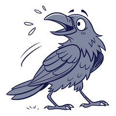 Scared cartoon raven is yelling with big eyes wide open and short breath
