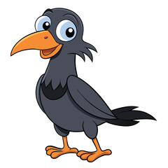 Happy cartoon crow smiles cheerfully with its big blue eyes against white