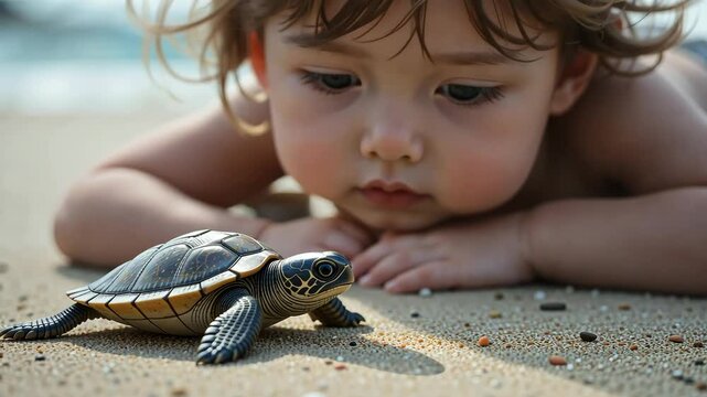 Curious baby lying on sandy beach closely observing a tiny turtle crawling near the water edge. Concept of childhood wonder and nature discovery