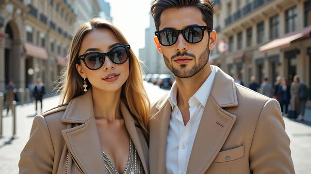 Fashionable couple wearing sunglasses and trench coats walking confidently down a city street with urban architecture behind. Concept of modern street style