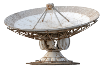 Large, rusty satellite dish isolated on transparent PNG background