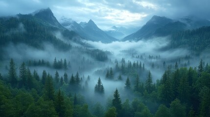 Fototapeta premium Misty mountains Coniferous forest shrouded in low-lying fog, mountains visible in the background under a cloudy sky
