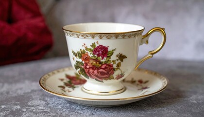 Vintage Floral Tea Cup And Saucer On Gray Background