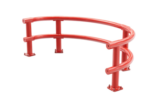 Red, curved steel railing isolated on transparent PNG background