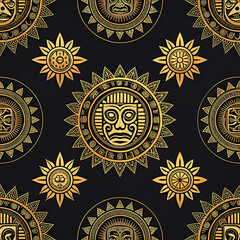 Inca Sun Symbol Seamless Pattern in Gold on Black
