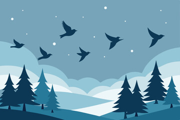flock of winter birds flying above a white forest 