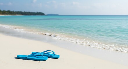 Tranquil Beach Scene with Blue Flip-Flops on White Sand