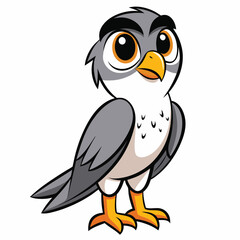 Cartoonish falcon with big orange eyes stands attentively against a simple white backdrop