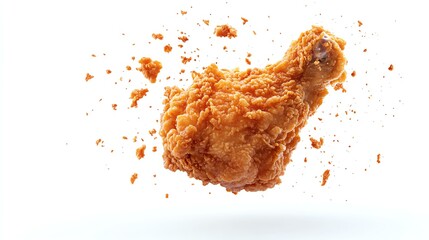 A beautifully styled image of a crispy fried chicken drumstick, captured mid-air. The golden-brown coating is flaky, showcasing a delicious and appetizing food experience.
